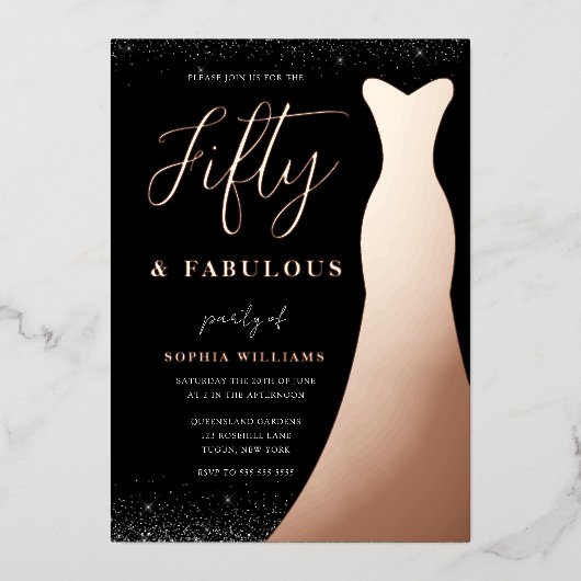 バラ金ゴールドガウンFifty & Fabulous 50誕生日 実在 箔招待状 (正面)