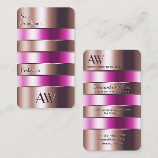 バラ金ゴールドガラスルックピンク流体フェイク3Dイニシャル 名刺 (正面/裏面)