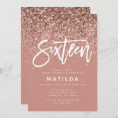 バラ金ゴールドガーリーグリッターモダンスウィート16誕生日 案内状 (正面/裏面)