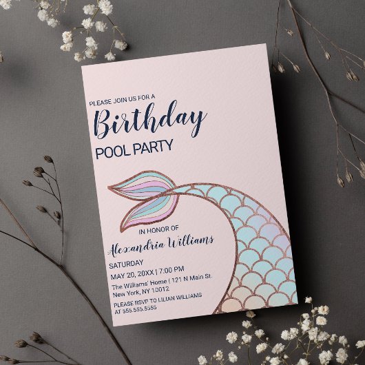 バラ金ゴールドガーリーピンクマーメイドテールプール誕生日 インビテーションポストカード
