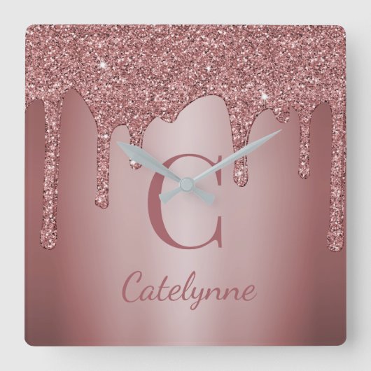 バラ金ゴールドガーリー点滴グリッターモノグラム スクエア壁時計 (正面)