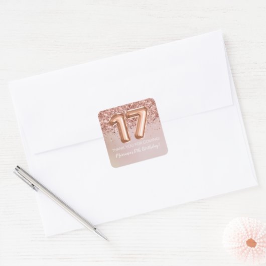 バラ金ゴールドキッズガール17thバースデーパーティーのお願い スクエアシール (封筒)