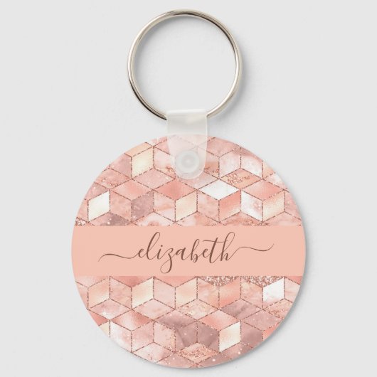 バラ金ゴールドキューブパターン名monogramスクリプト キーホルダー (正面)