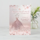 バラ金ゴールドキラキラのドレスのスターQuinceaenera Invita 招待状 (スタンド正面)