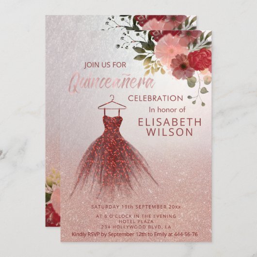 バラ金ゴールドキラキラのバーガンディドレスQuinceaenera 招待状 (正面/裏面)
