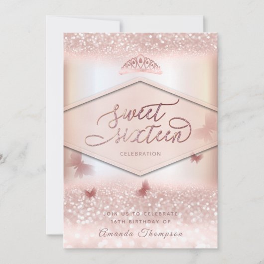 バラ金ゴールドキラキラ蝶ティアラ書道 招待状 (正面)