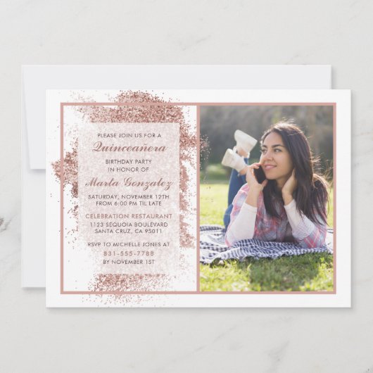 バラ金ゴールドキンセニェラカスタム写真誕生パーティー 招待状 (正面)