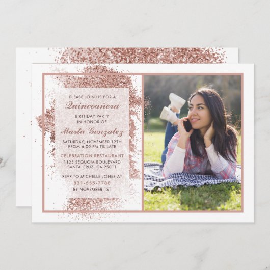 バラ金ゴールドキンセニェラカスタム写真誕生パーティー 招待状 (正面/裏面)