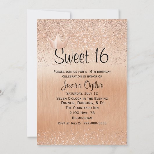 バラ金ゴールドクラウン金ゴールドスウィート16誕生日招待状 招待状 (正面)