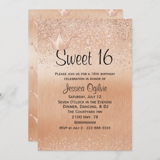 バラ金ゴールドクラウン金ゴールドスウィート16誕生日招待状 招待状 (正面/裏面)