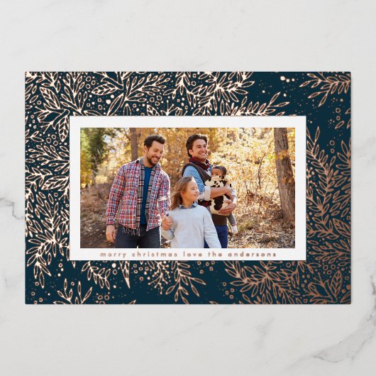 バラ金ゴールドクリスマスボタニカルスノーフレーク写真 箔シーズンカード (正面)