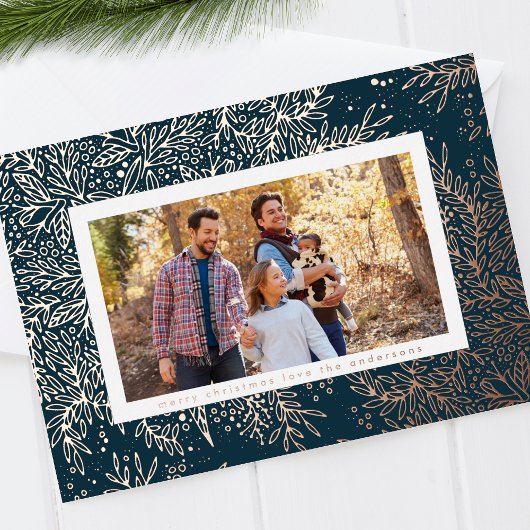 バラ金ゴールドクリスマスボタニカルスノーフレーク写真 箔シーズンカード