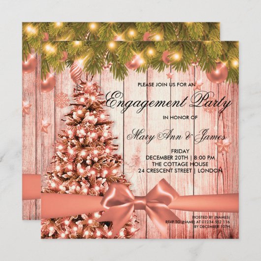 バラ金ゴールドクリスマス婚約パーティツリー&リボン 招待状 (正面/裏面)