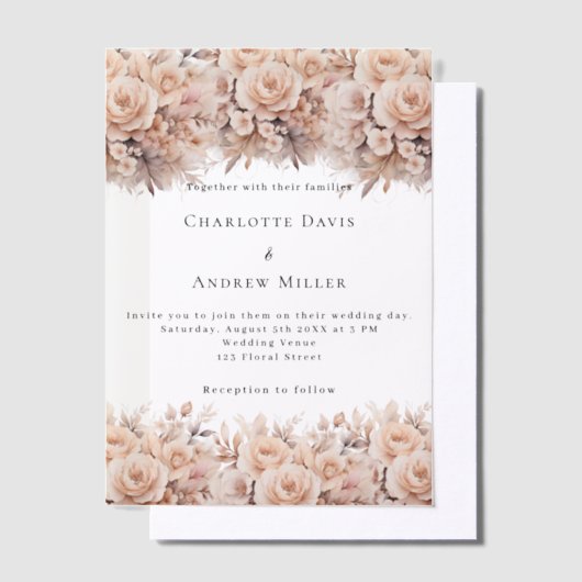 バラ金ゴールドクリーム澄ん結婚花模様 ベラム紙招待状 (オフセット)