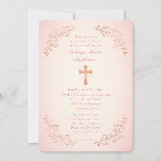 バラ金ゴールドクロスピンクバプティスマフォト招待状 招待状 (正面)