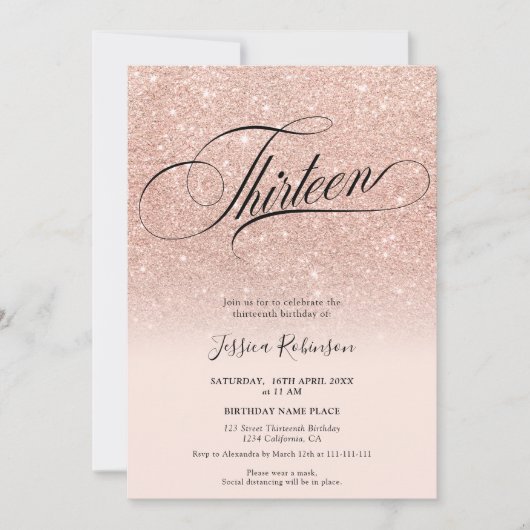 バラ金ゴールドグラデーショングリッターシックなスクリプトピンク13種 招待状 (正面)