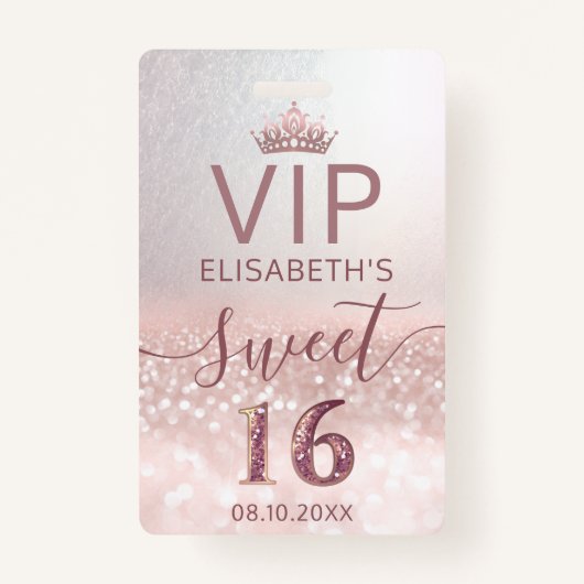 バラ金ゴールドグラデーショングリッタースクリプトSweet 16 VIPバッジ バッジ (正面)