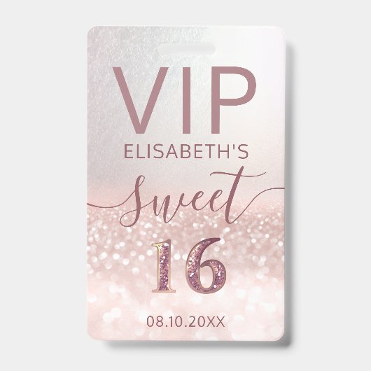 バラ金ゴールドグラデーショングリッタースクリプトSweet 16 VIPバッジ バッジ (Front)