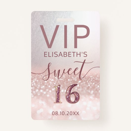バラ金ゴールドグラデーショングリッタースクリプトSweet 16 VIPバッジ バッジ (正面)