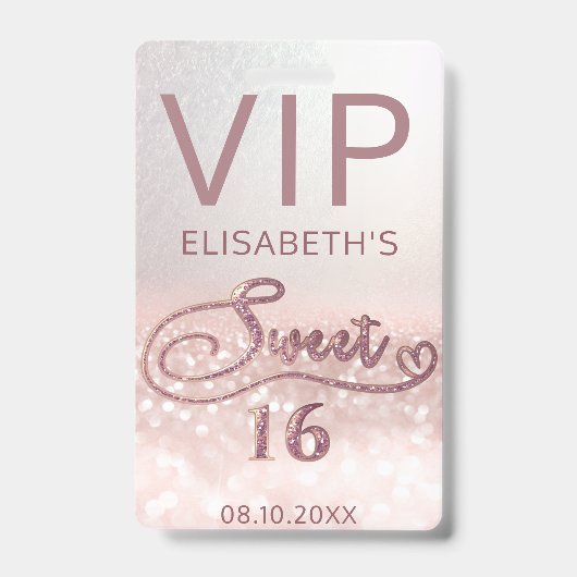 バラ金ゴールドグラデーショングリッタースクリプトSweet 16 VIP バッジ (Front)