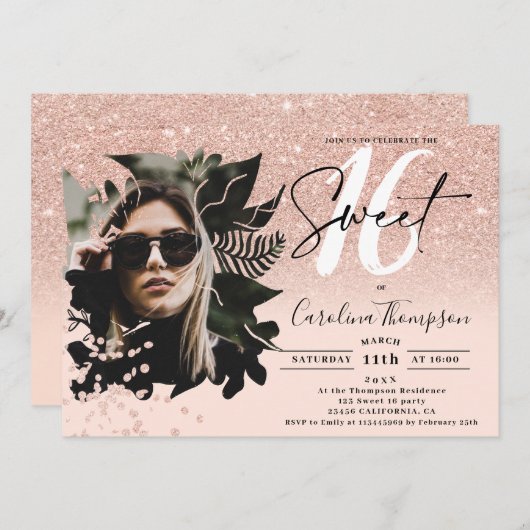 バラ金ゴールドグラデーショングリッターフローラピンク写真Sweet 16 招待状 (正面/裏面)