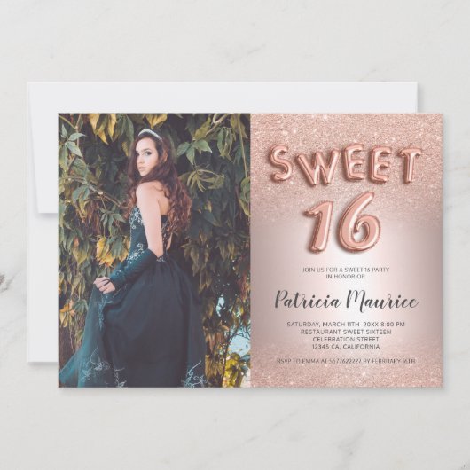 バラ金ゴールドグラデーショングリッターレターフォイルスイート16 招待状 (正面)