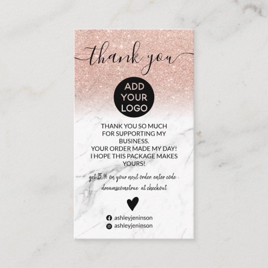 バラ金ゴールドグラデーショングリッター大理石感謝してい注文 名刺 (正面)