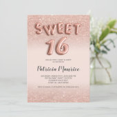 バラ金ゴールドグラデーショングリッター文字ピンクchic sweet 16 招待状 (スタンド正面)