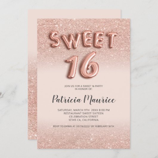 バラ金ゴールドグラデーショングリッター文字ピンクchic sweet 16 招待状 (正面/裏面)