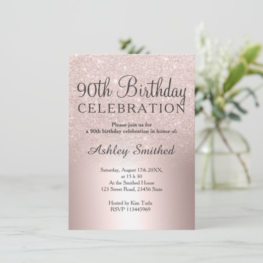 バラ金ゴールドグラデーショングリッター金属性90歳の誕生日 招待状 (スタンド正面)