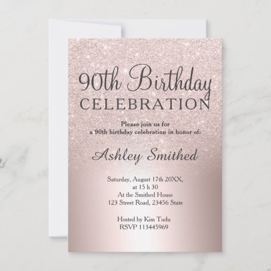 バラ金ゴールドグラデーショングリッター金属性90歳の誕生日 招待状 (正面)