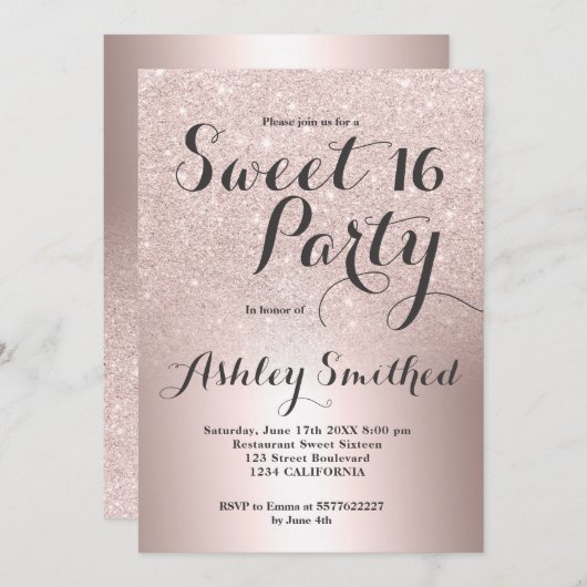 バラ金ゴールドグラデーショングリッター金属箔Sweet 16 招待状 (正面/裏面)