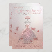 バラ金ゴールドグラデーションバタフライティアラQuinceanera Invit 招待状 (正面/裏面)