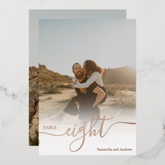 バラ金ゴールドグラデーション写真結婚グラフの表番号 箔招待状 (正面/裏面)