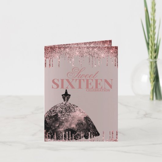バラ金ゴールドグラムグリッタースパークスウィート16誕生日 招待状 (正面)