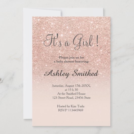 バラ金ゴールドグラムグリッターピンクの女の子グラデーションの赤ちゃんシャワー 招待状 (正面)