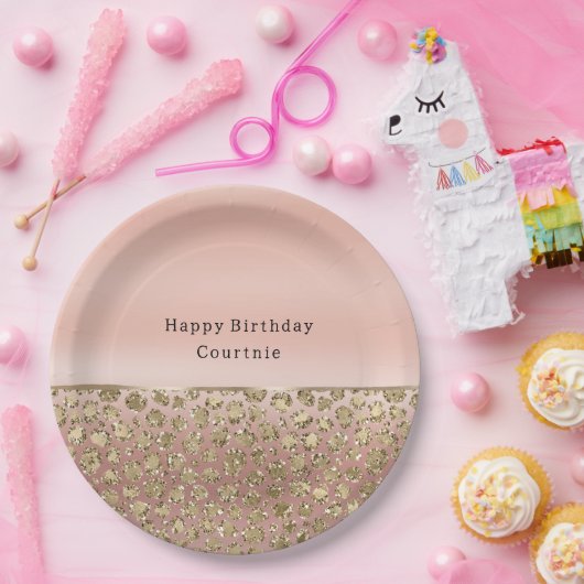 バラ金ゴールドグラムグリッターレオパード ペーパープレート (パーティー)