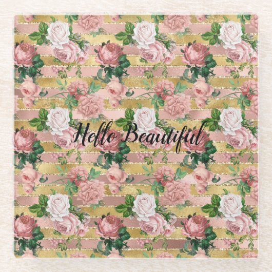 バラ金ゴールドグラムグリッツバラストライプフローラ ガラスコースター (正面)