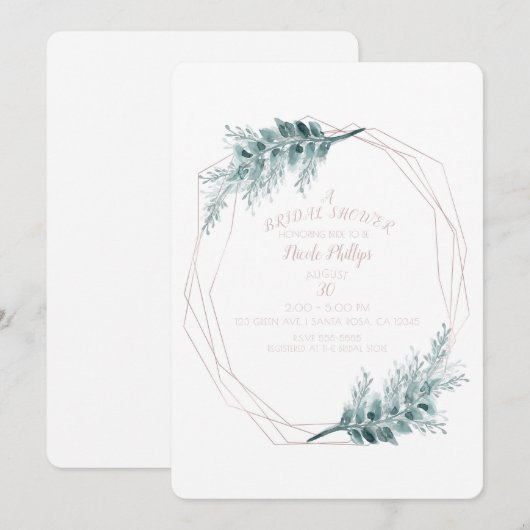 バラ金ゴールドグラムジオメトリック植物学ブライダルシャワー 招待状 (正面/裏面)