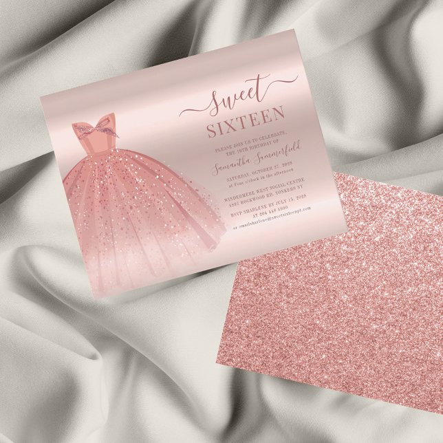 バラ金ゴールドグラムスイート16スクリプモダント招待状 (Sweet 16 Rose Gold Dress Party Invitation)