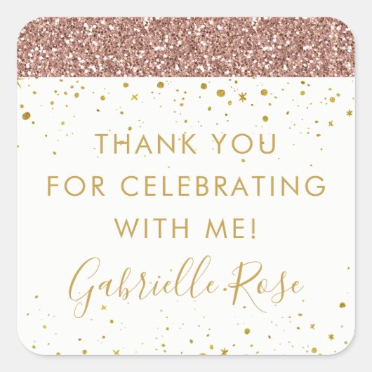 バラ金ゴールドグリッターありがとう好意ラベルステッカー スクエアシール (正面)