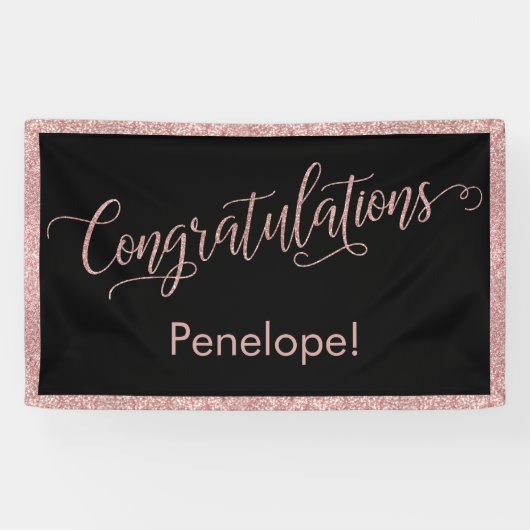 バラ金ゴールドグリッターおめでとうタイポグラフィブラック 横断幕 (横)