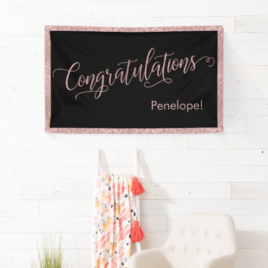 バラ金ゴールドグリッターおめでとうタイポグラフィブラック 横断幕 (インサイチュ)