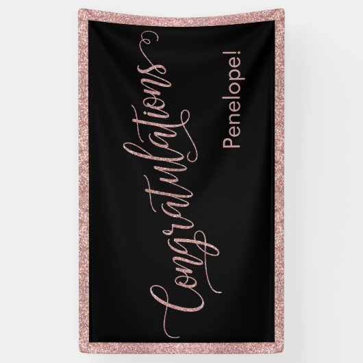 バラ金ゴールドグリッターおめでとうタイポグラフィブラック 横断幕 (縦)