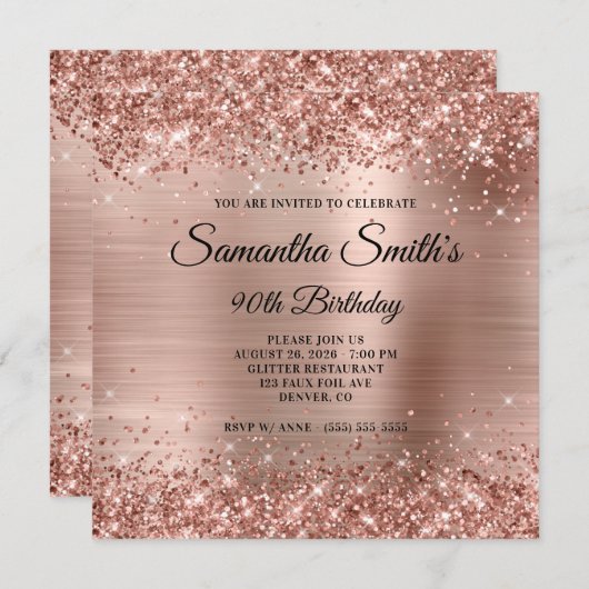 バラ金ゴールドグリッターおよびフォイルモノグラム90誕生日 招待状 (正面/裏面)