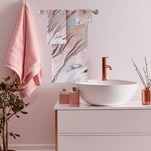 バラ金ゴールドグリッターおよび大理石 バスタオルセット