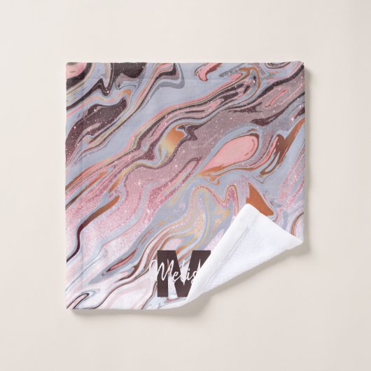 バラ金ゴールドグリッターおよび大理石 バスタオルセット (ウォッシュタオル)