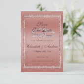 バラ金ゴールドグリッターとシルバー結婚ズリングや輪 セーブザデート (スタンド正面)