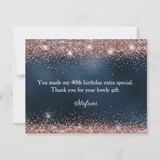 バラ金ゴールドグリッターとネイビーブルーフォイル40th誕生日 サンキューカード (裏面)