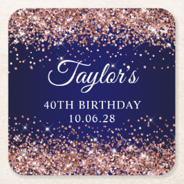 バラ金ゴールドグリッターとネイビーブルー40th誕生日 スクエアペーパーコースター